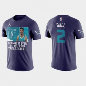 Charlotte Hornets #2 LaMelo Ball youngest ever to record triple-double T-shirt Special Commemoration Purple