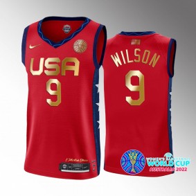 USA 2022 FIBA Womens Basketball World Cup Champions A'ja Wilson Red #9 Jersey Golden