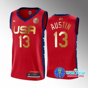USA 2022 FIBA Womens Basketball World Cup Champions Shakira Austin Red #13 Jersey Golden
